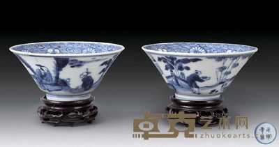 清康熙 青花人物斗笠碗(一对) 高10.5cm